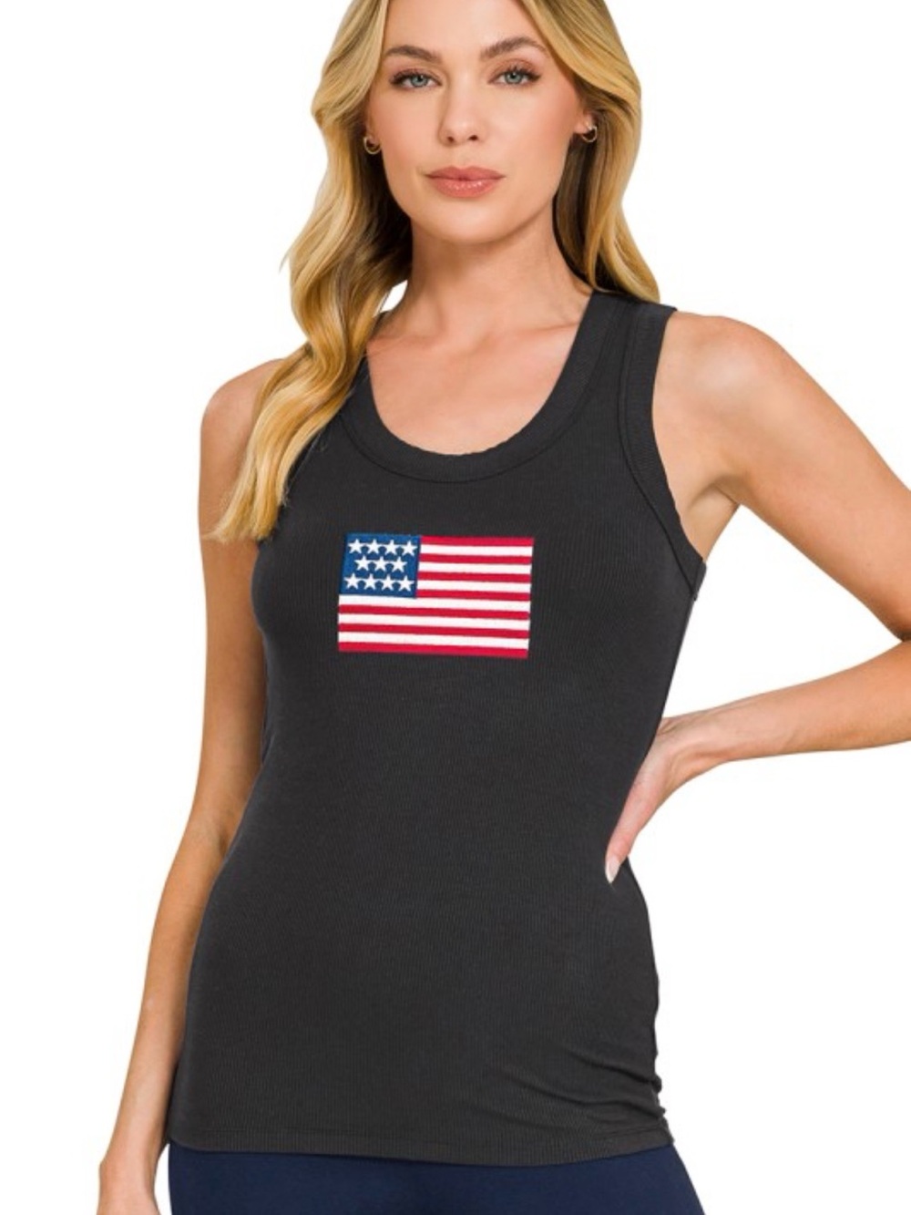 Zenana Outfitters Black Ribbed Tank with American Flag Patch
